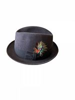 Side view of black wool Biltmore trilby fedora showing ribbon band and feather