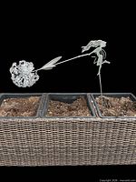 Metal fairy garden stake installed in planter box
