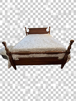 Full view of pine four-poster bed assembled with mattress and box spring