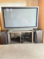 Front view of Panasonic TV, speakers flanking media stand with cables