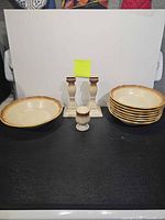 Full lot: stacked bowls, serving bowl, candlesticks, salt shaker