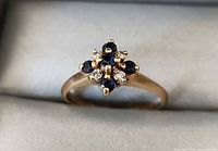 Top view of 10k gold ring showing sapphire cluster