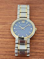 Front view of Bulova wristwatch showing dial, bracelet and overall design