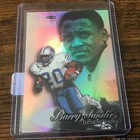 Front of Barry Sanders holographic card in sleeve