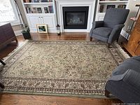 Full view of patterned green area rug on hardwood floor