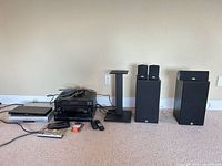 Overall view of electronics, speakers, stands, cables and remotes