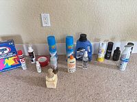 Group shot of all cleaners and chemicals lined up on carpet
