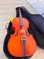 Front view of half-size cello resting in open soft case