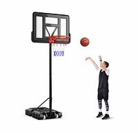 Marketing image of assembled adjustable basketball hoop with player shooting