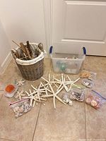 Group shot of basket, driftwood, starfish, seashell bags and storage tote