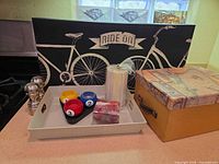 Overall lot showing tray, box, sign, shakers, candles, candle holders