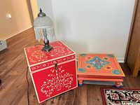 Chest, stool and lamp full view