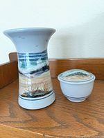 Vase and lidded bowl front view