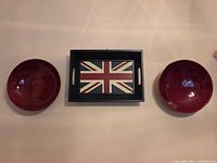 Union Jack tray flanked by two red bowls