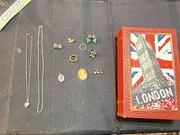 Group shot of all jewellery pieces and decorative box