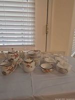 Full view of tea set pieces on table