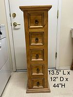 Front view of pine lingerie chest with dimensions overlay