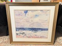 Front view of framed seascape lithograph with mat and gold-tone frame