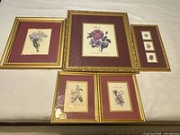 Five of the six framed prints laid out for overview