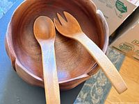 Top view of bowl with spoon and fork inside