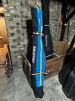 Two Salomon ski bags standing upright against wall