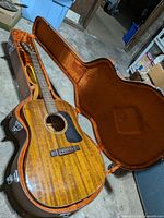 Guitar in open hard case showing full body and case interior