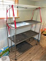 Full view of chrome rack with trays, wire top shelf and red straps