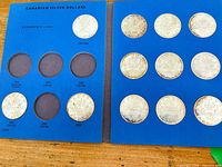 Two blue album pages displaying 12 Canadian silver dollar coins