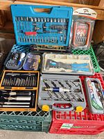 Group shot of all tool sets and accessories on crates