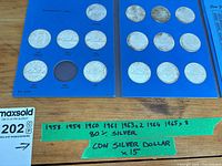 Overview of two album panels showing fifteen coins and taped label