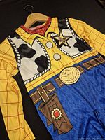 Close view of upper costume detailing yellow plaid shirt, cow print vest, badge, belt