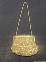 Front view of gold mesh clutch with chain strap displayed