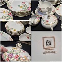 Collage showing stacks of dinner and salad plates, sugar bowl, creamer, backstamp