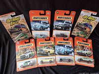 Group shot of all eight sealed Matchbox blister cards