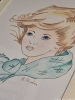 Close-up of watercolor female portrait with signature