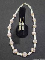 Full view of necklace arranged in oval with earrings on stand