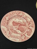 Full view of red-pink scenic transferware plate