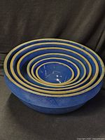 Nested set of six blue stoneware bowls showing exterior color and rims