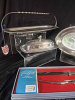 Handled serving tray, oval platter, butter dish, Carvel Hall carving set in box