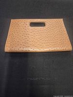 Front view of tan ostrich-embossed leather clutch