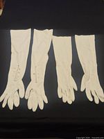 Two pairs of white opera-length gloves laid out flat