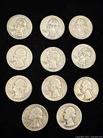 Fronts of 11 Washington quarters arranged in rows