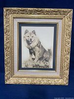 Front view of framed black-and-white dog photograph with ornate gold frame