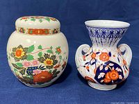 Royal Crown Derby Imari vase and Sadler floral ginger jar side by side