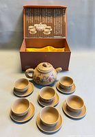 Complete tea set displayed with open presentation box