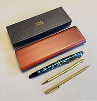 Overall lot with Cross box, brown case, three pens