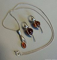 Necklace and earrings laid out to show design and size