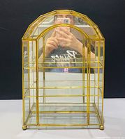 Front view of brass and glass display cabinet closed