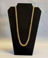 Full view of necklace hanging on display bust