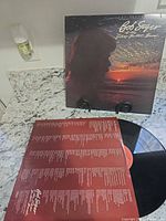 Front album jacket on stand with inner sleeve and record visible